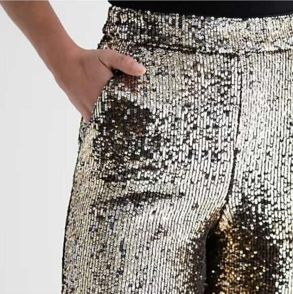 Express Sequined Metallic High Waist Wide Leg Trousers w Pockets - Picture 4 of 17